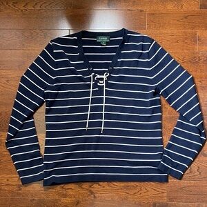 Lauren Ralph Lauren Navy Striped Cotton Lace-Up Nautical Top Women’s M